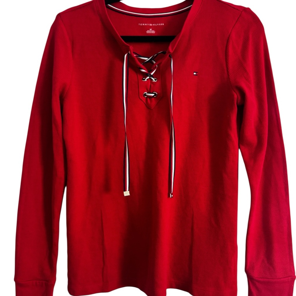 Tommy Hilfiger Red Lace-Up Long‎ Sleeve Top